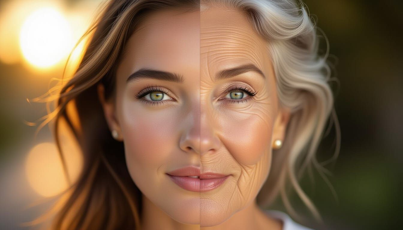 Woman's Face Split Between Youth and Age in Golden Light