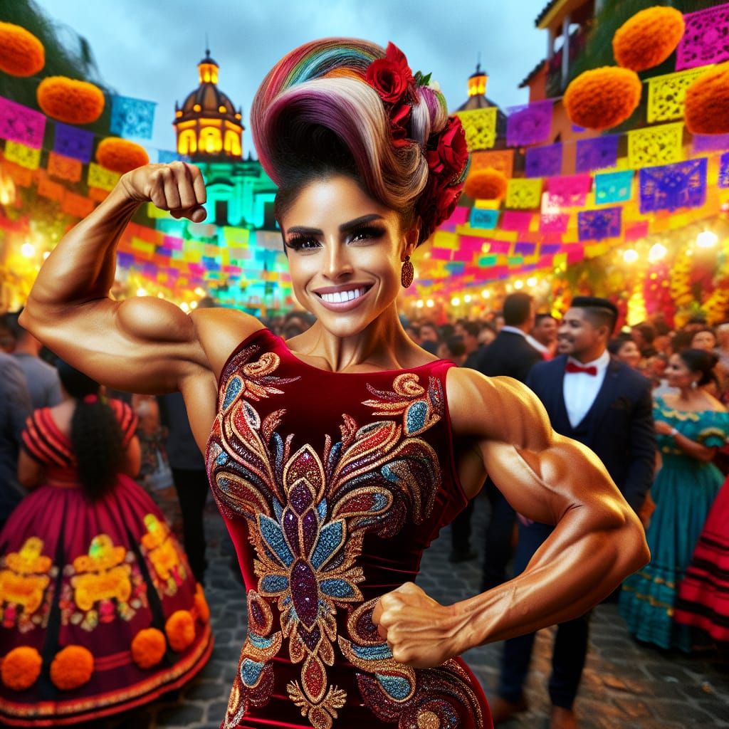 Powerful Latina Bodybuilder at Mexican Fiesta