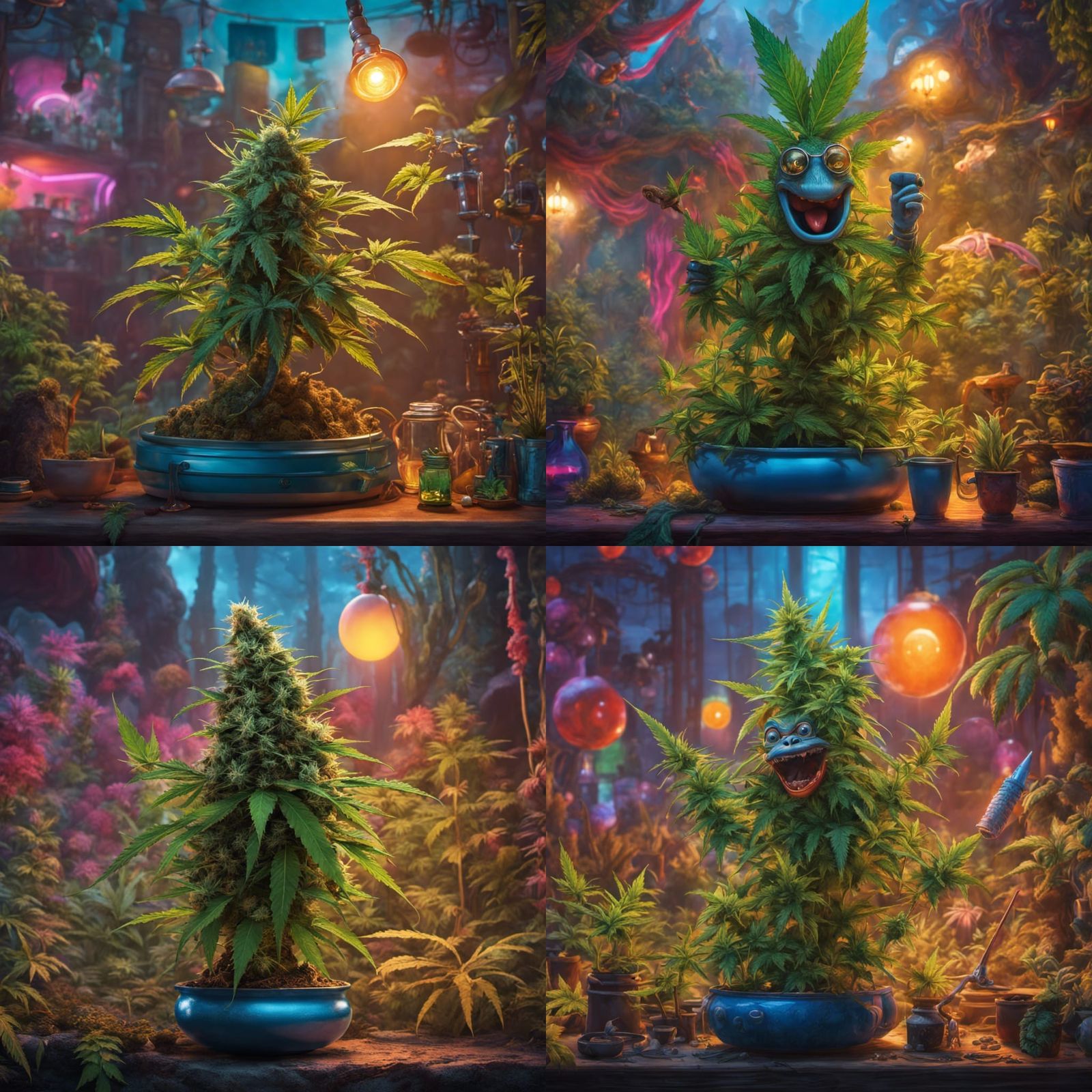 Psychedelic Anthropomorphic Marijuana Plant Offering Free Do...