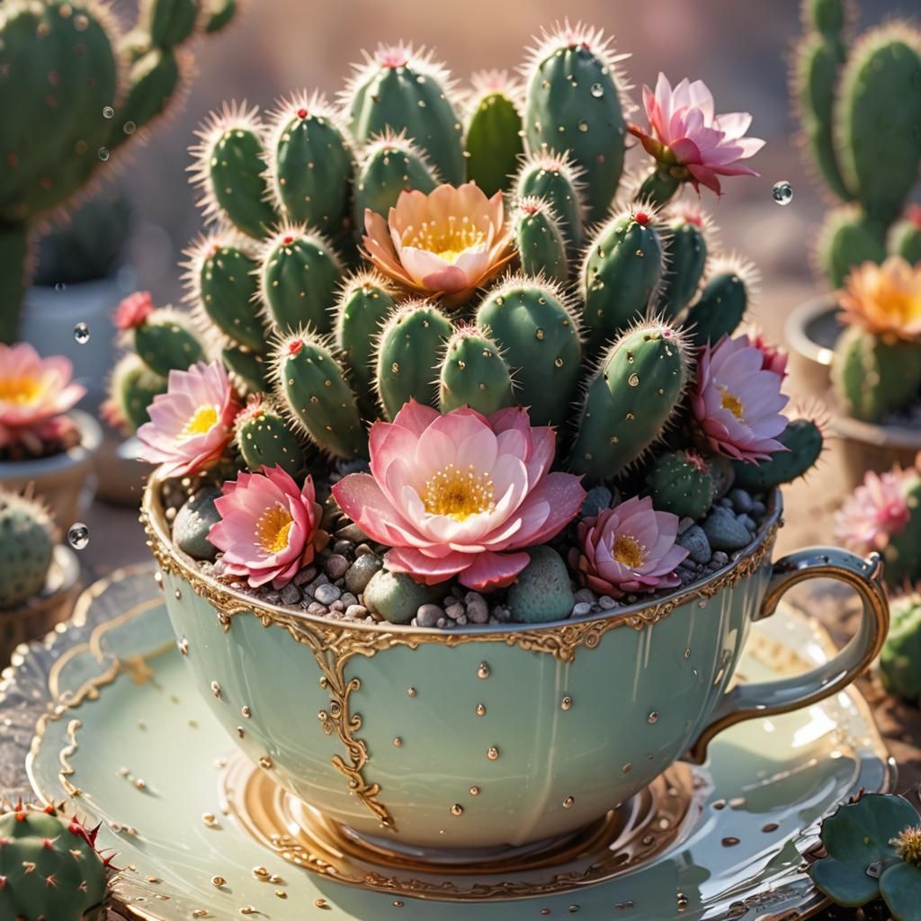 Cactus with Dew Drops in Teacup Sunrise