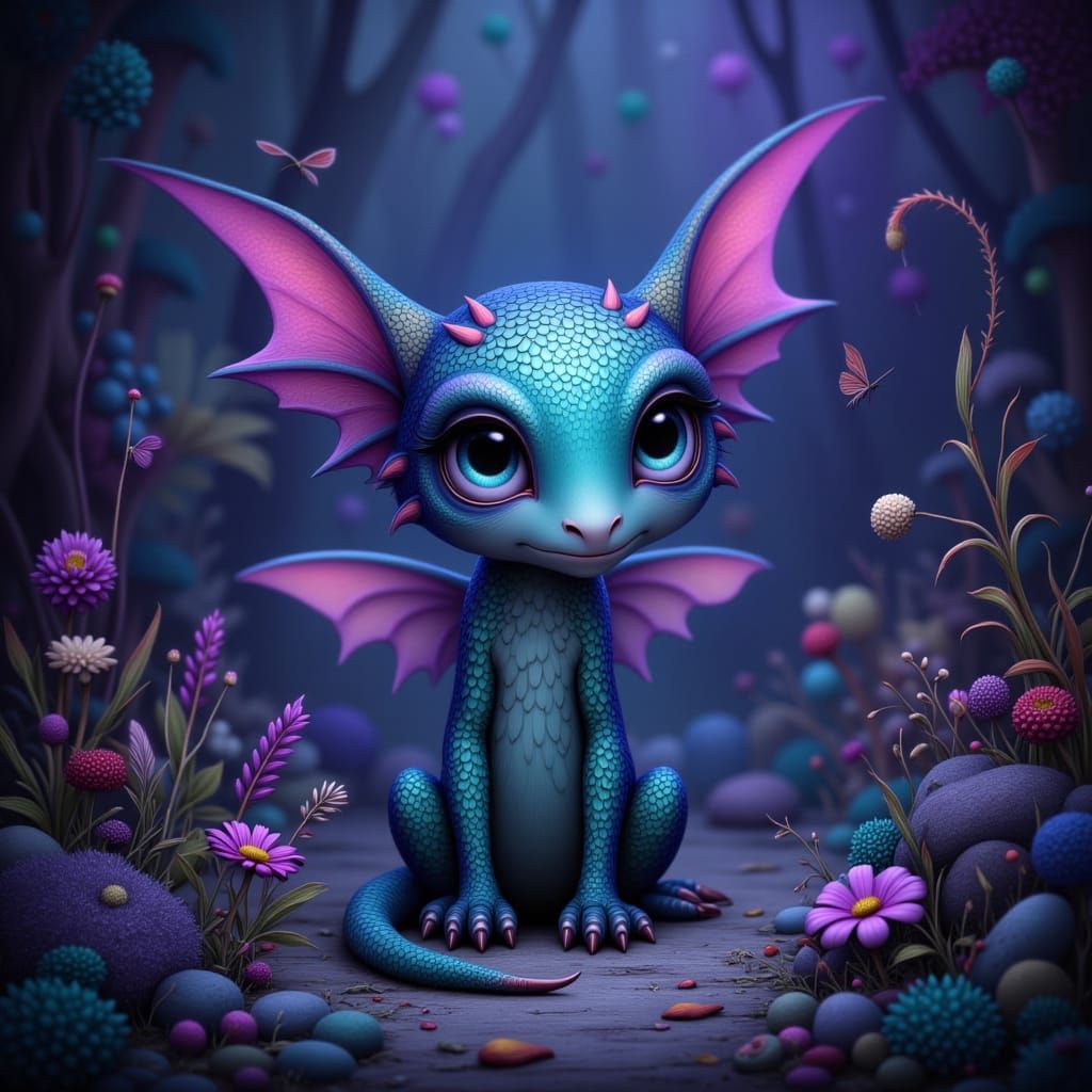 Fantastical Creature in Bioluminescent Forest Digital Painti...