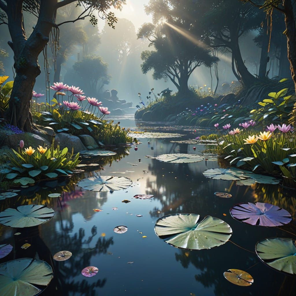 Serene Pond in Mystical Dawn Light