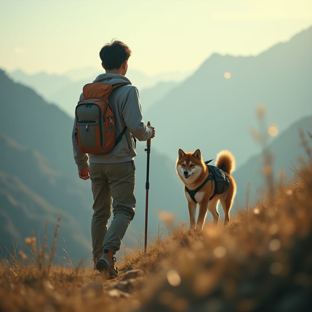 Teen Hiker and Shiba Inu Ascend Mountain in Vintage Style