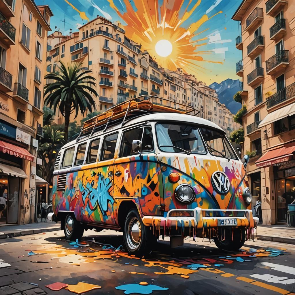 VW Bus in Monaco Sunrise: Graffiti Art Style