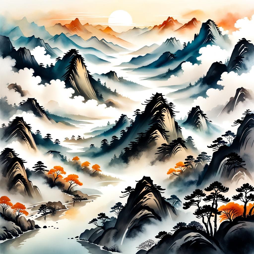 Misty Mountains in Chinese Ink Painting Style