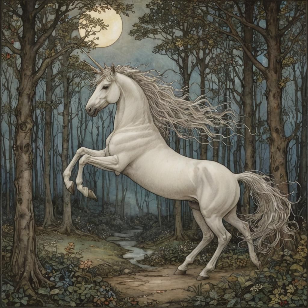 Art by Arthur Rackham and John Bauer, majestic unicorn gallo...