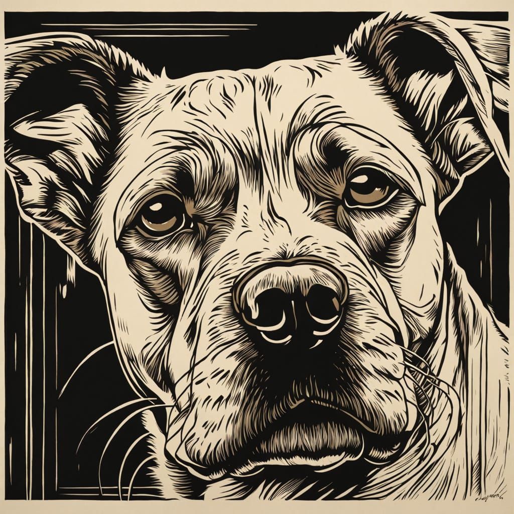Whimsical Dog Nose Portrait in Linocut Style