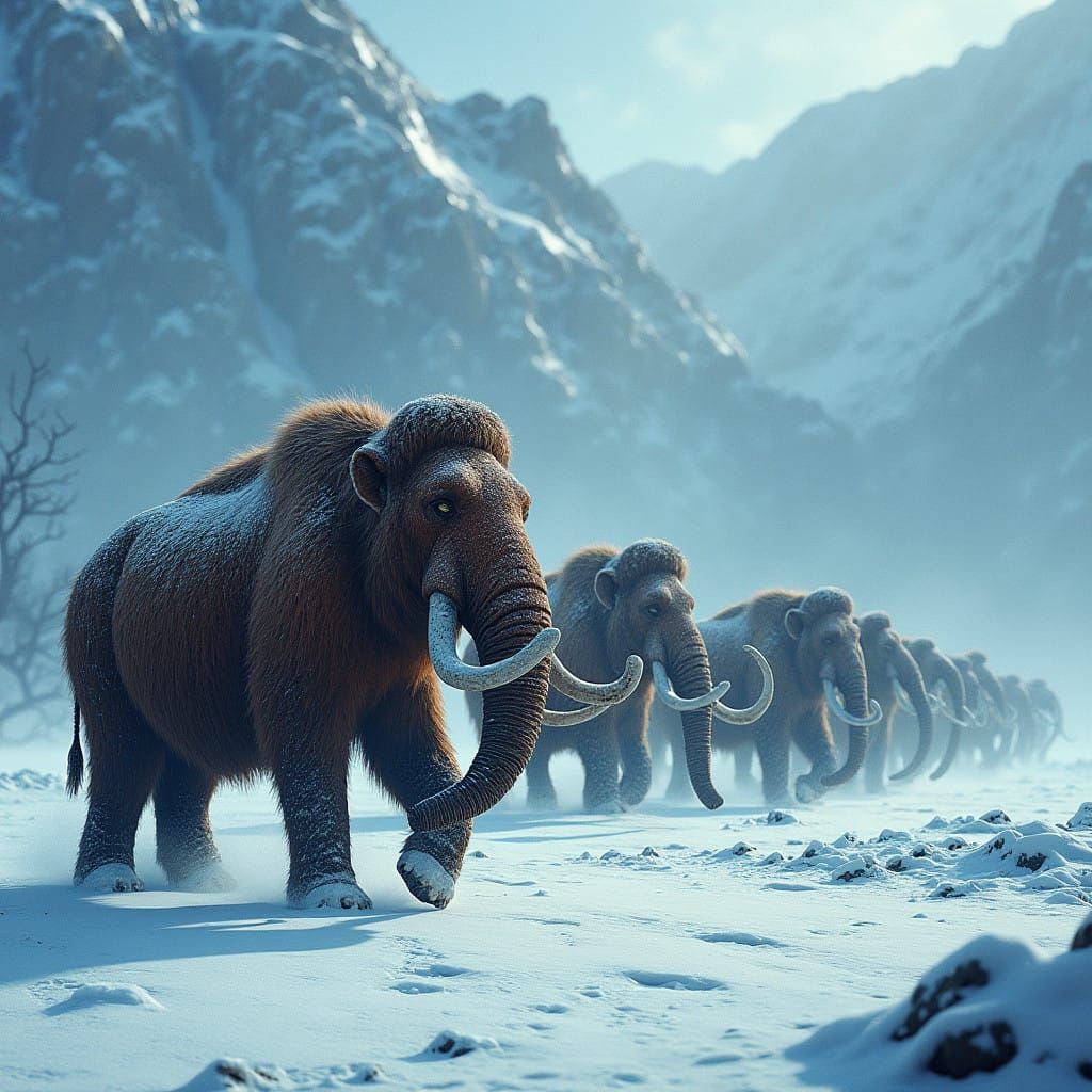 Majestic Woolly Mammoths in Tundra Blizzard, High-Resolution...