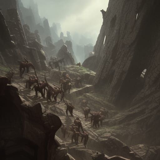 Infernal Stone Amphitheater with Devils, Dark Fantasy Art