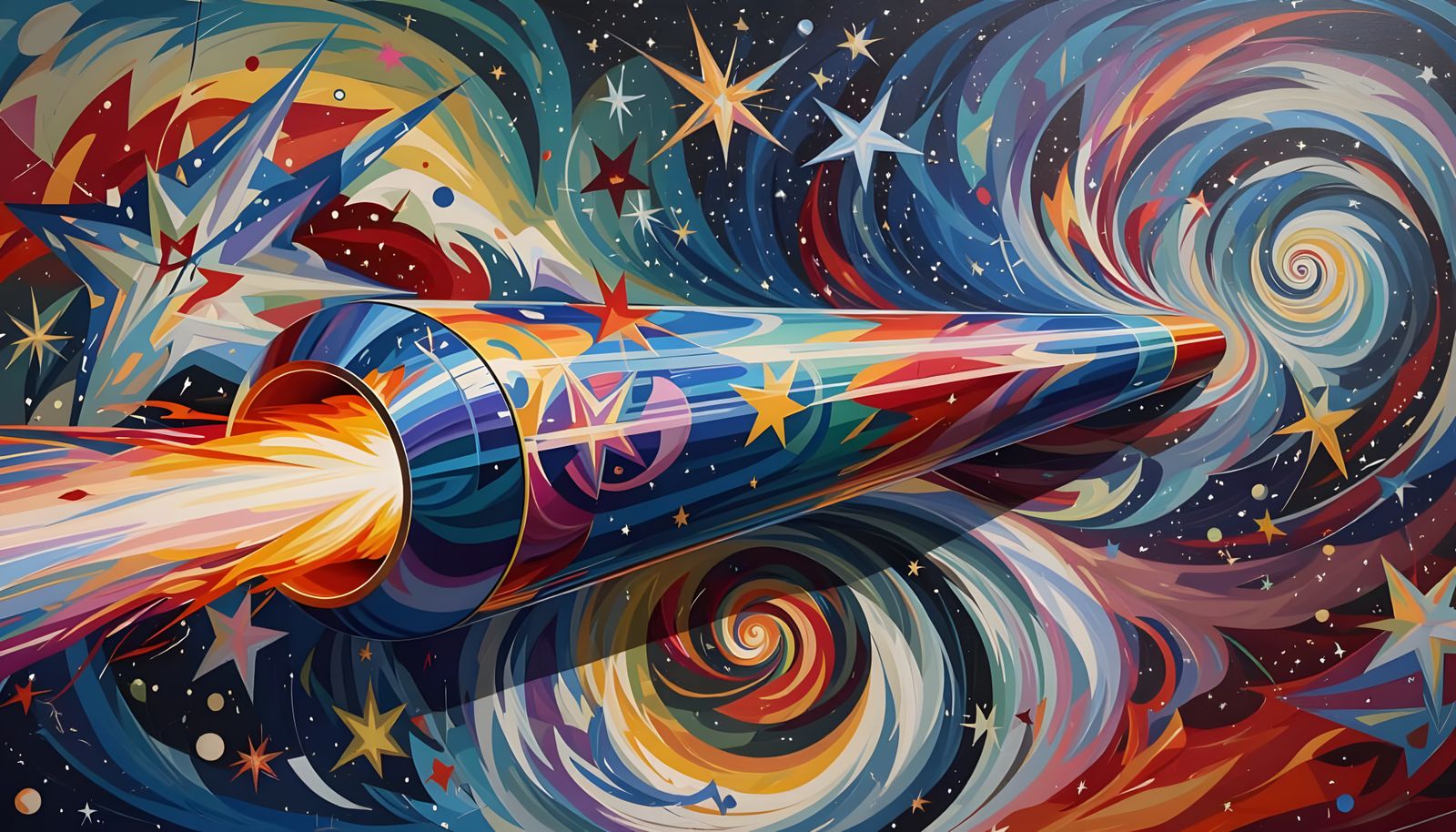 Sleek Mirror Cylinder with Iridescent Exhaust in Starry Vort...