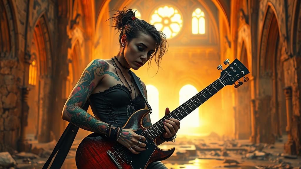 Punk Rock Woman Plays Guitar in Ruined Church