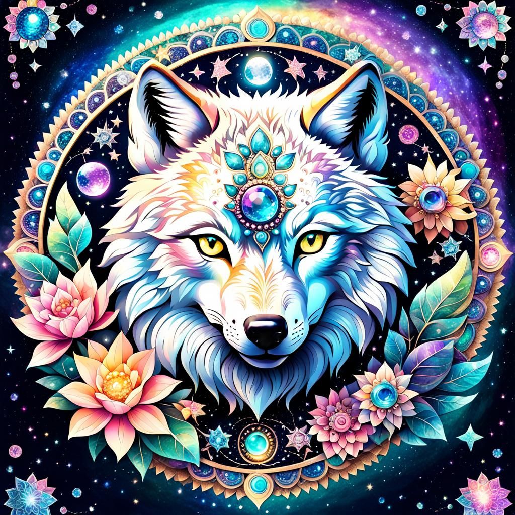 Wolf Mandala with Pastel Colors and Mystical Flowers