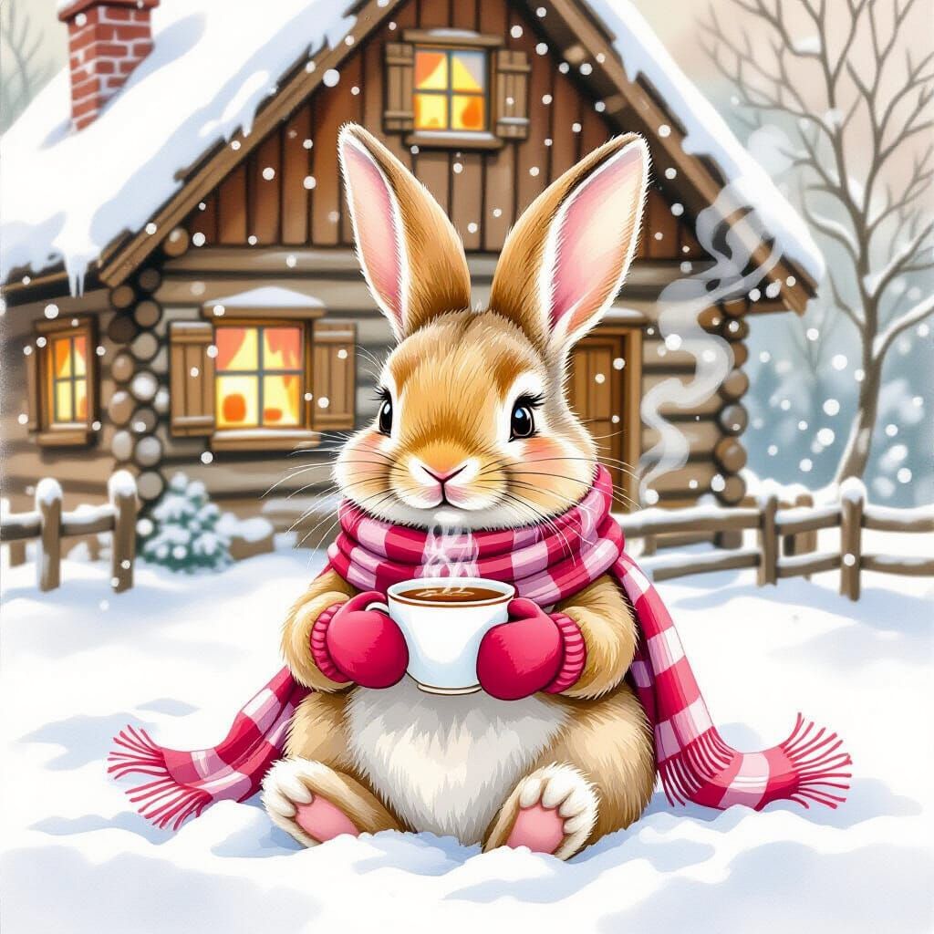 Pink Rabbit Enjoying Tea in Snowy Cabin Scene