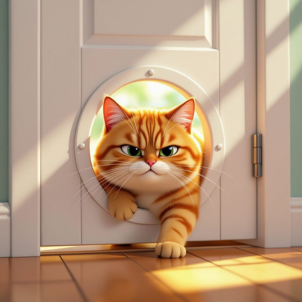 Plump Ginger Cat Squeezes Through Cat Flap