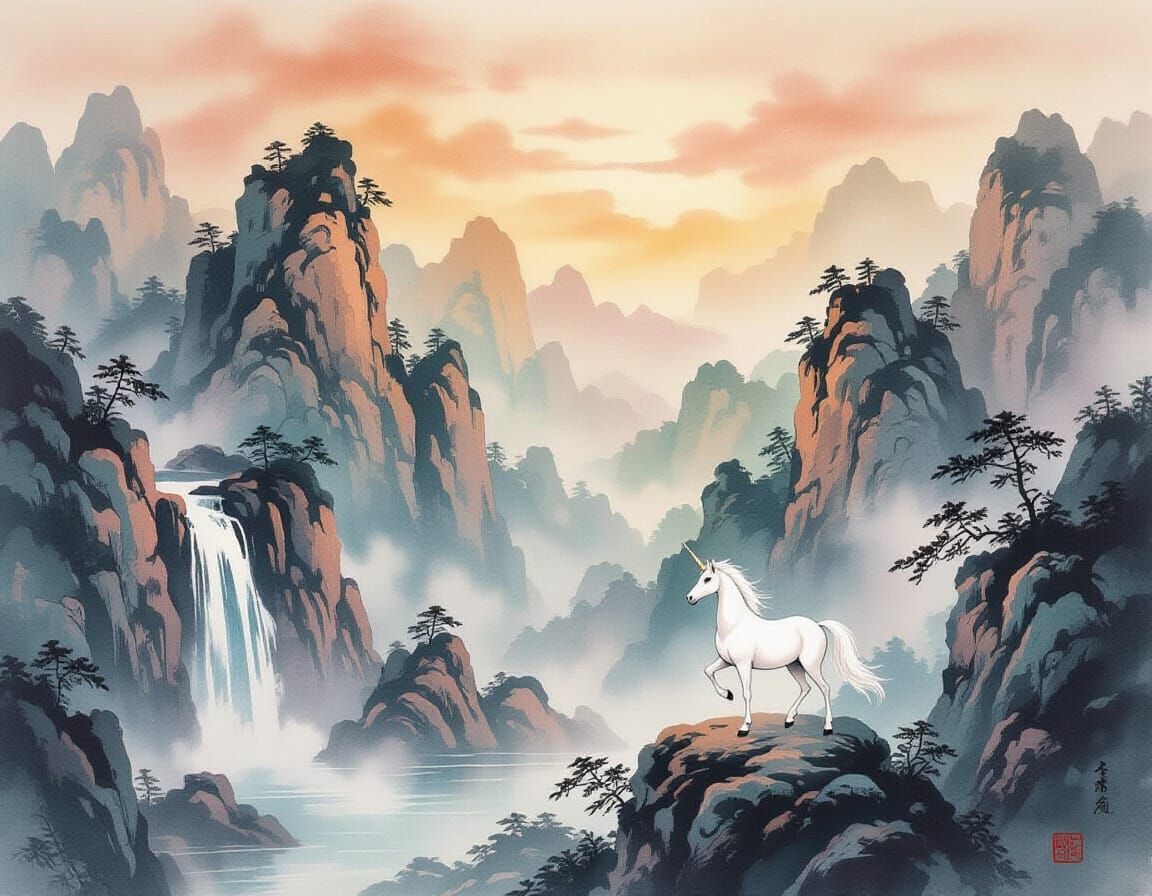 Unicorn in Chinese Ink Painting at Dawn