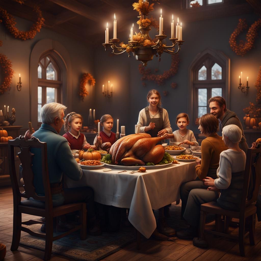 Thanksgiving Dinner with Family: Detailed Matte Painting