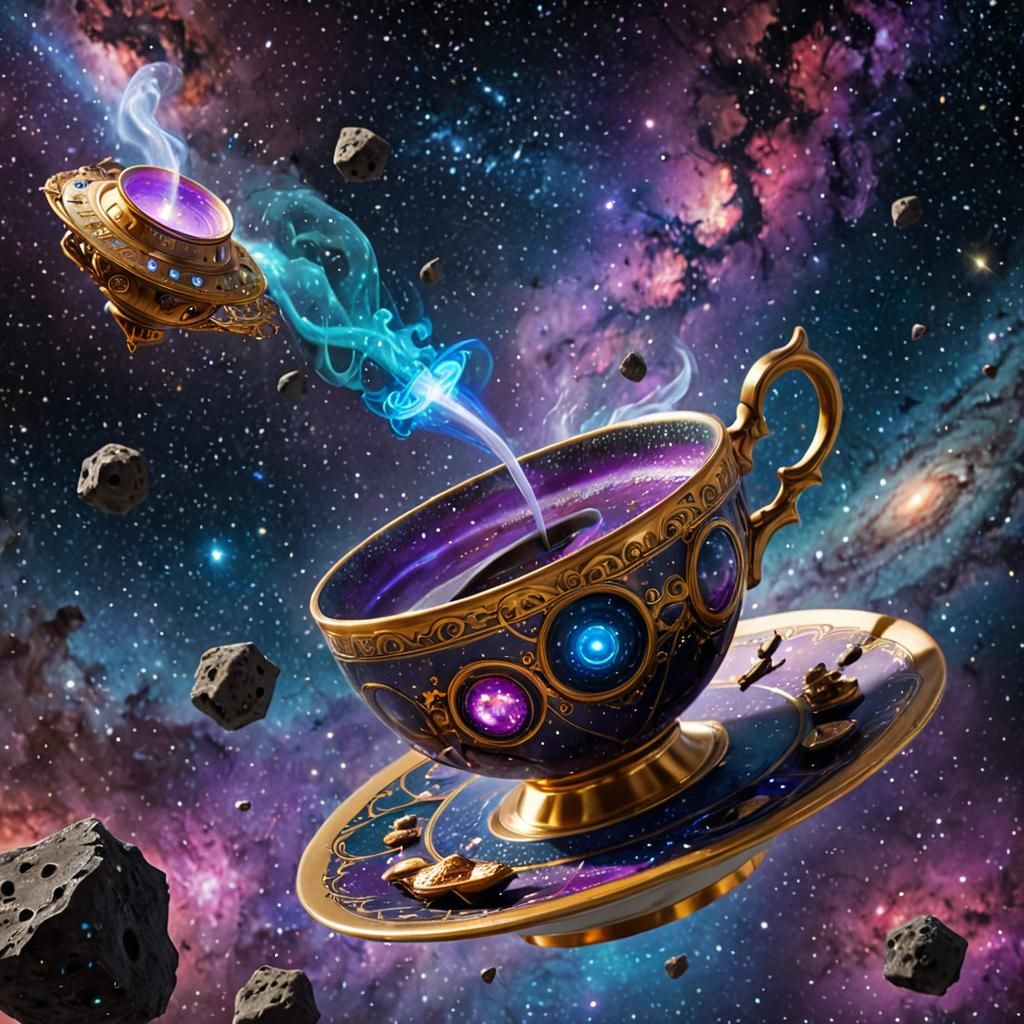 Steampunk Teacup Spaceship Flies Through Galaxy