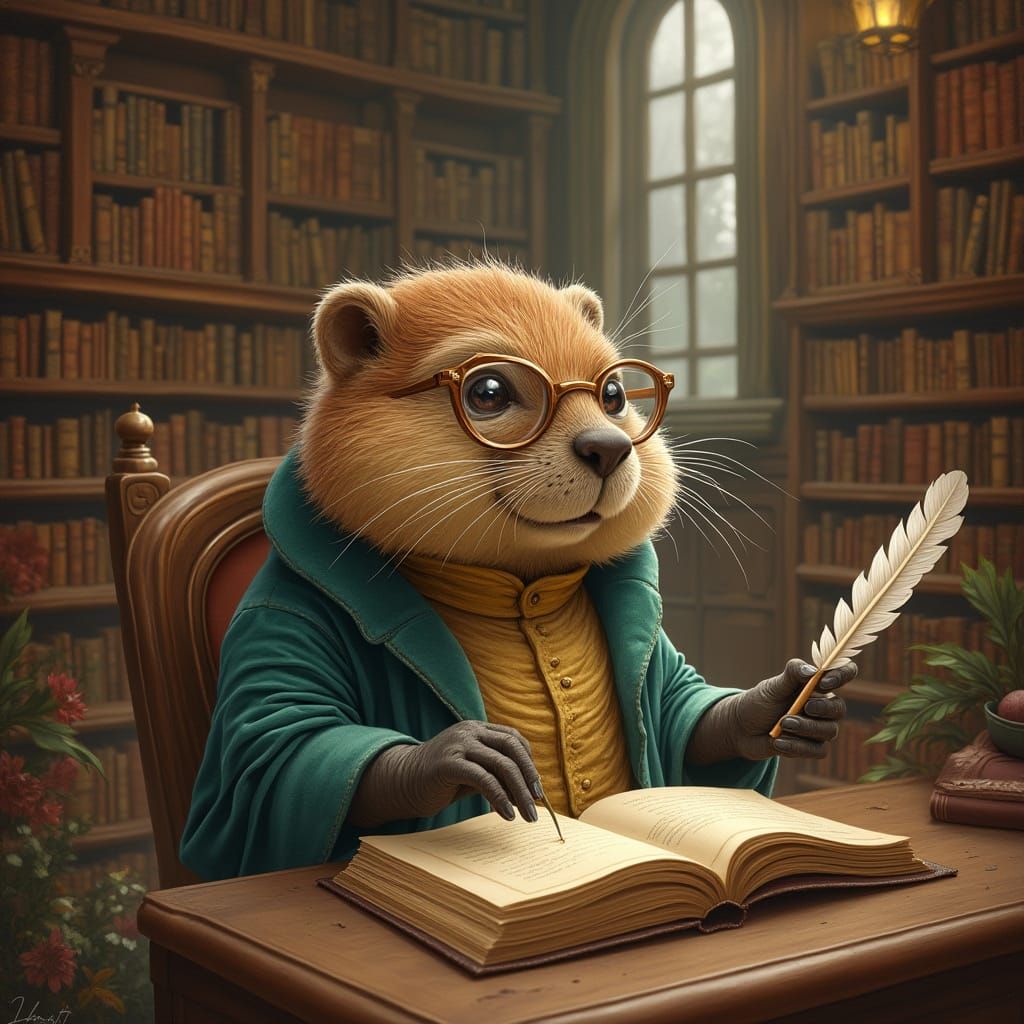 Baroque Beaver Writing Memoirs in Cozy Library