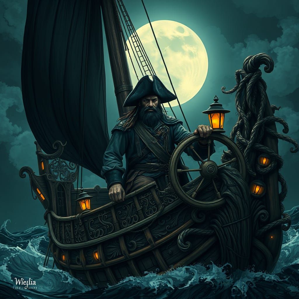 Dark Fantasy Pirate Ship on Stormy Seas