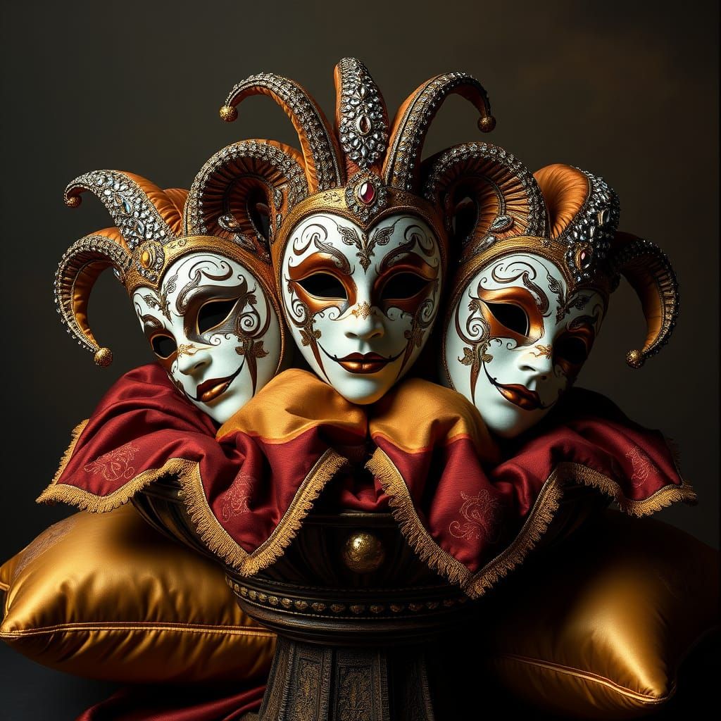 Baroque Harlequin Masks in Opulent Gold Settings