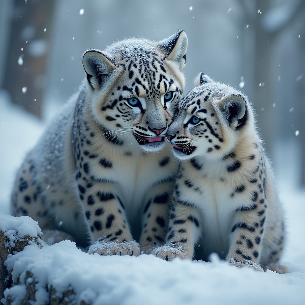 Snow Leopard Cubs Play Near Mom at Sunset in Cinematic Style