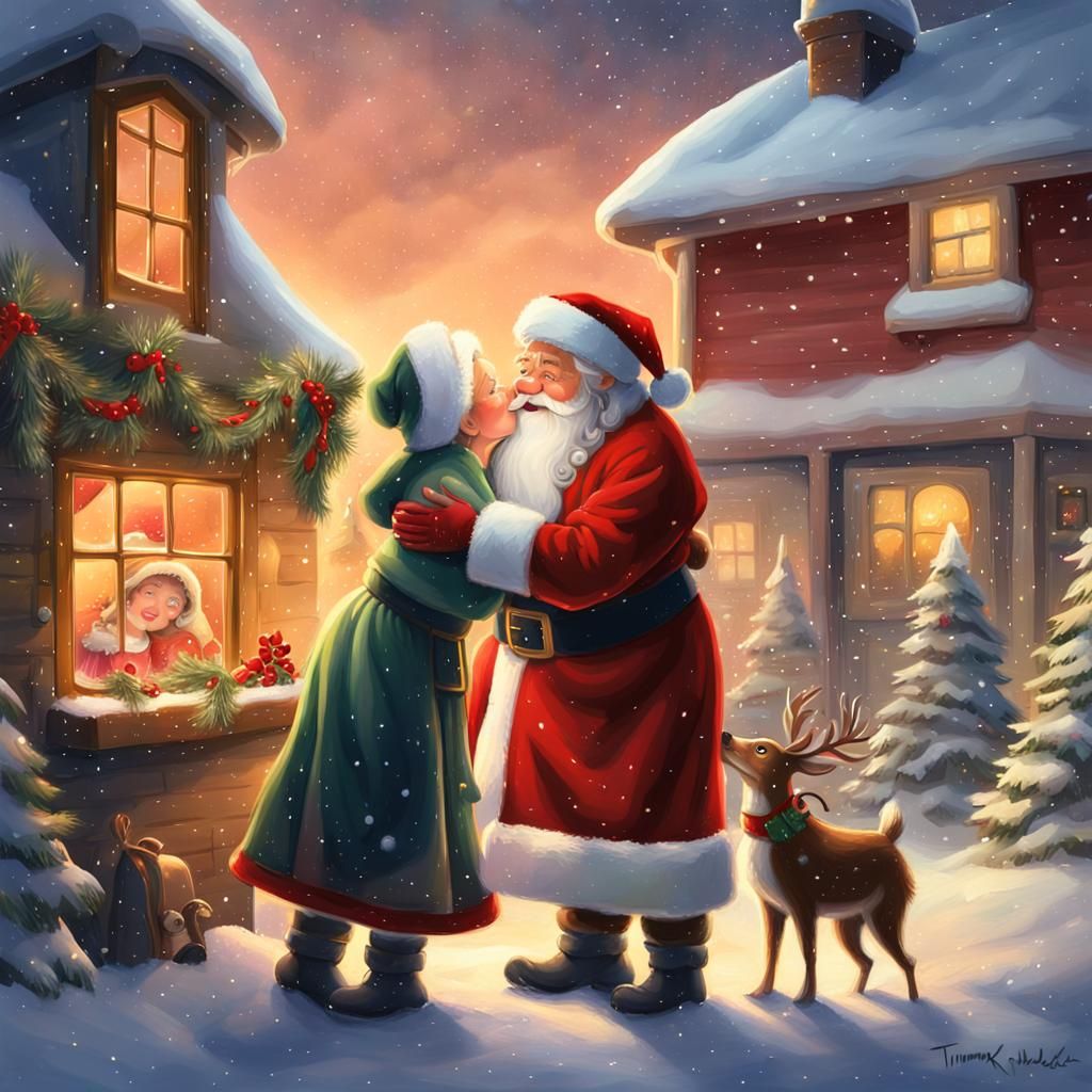 Santa and Mrs. Claus Kiss in Whimsical Digital Painting