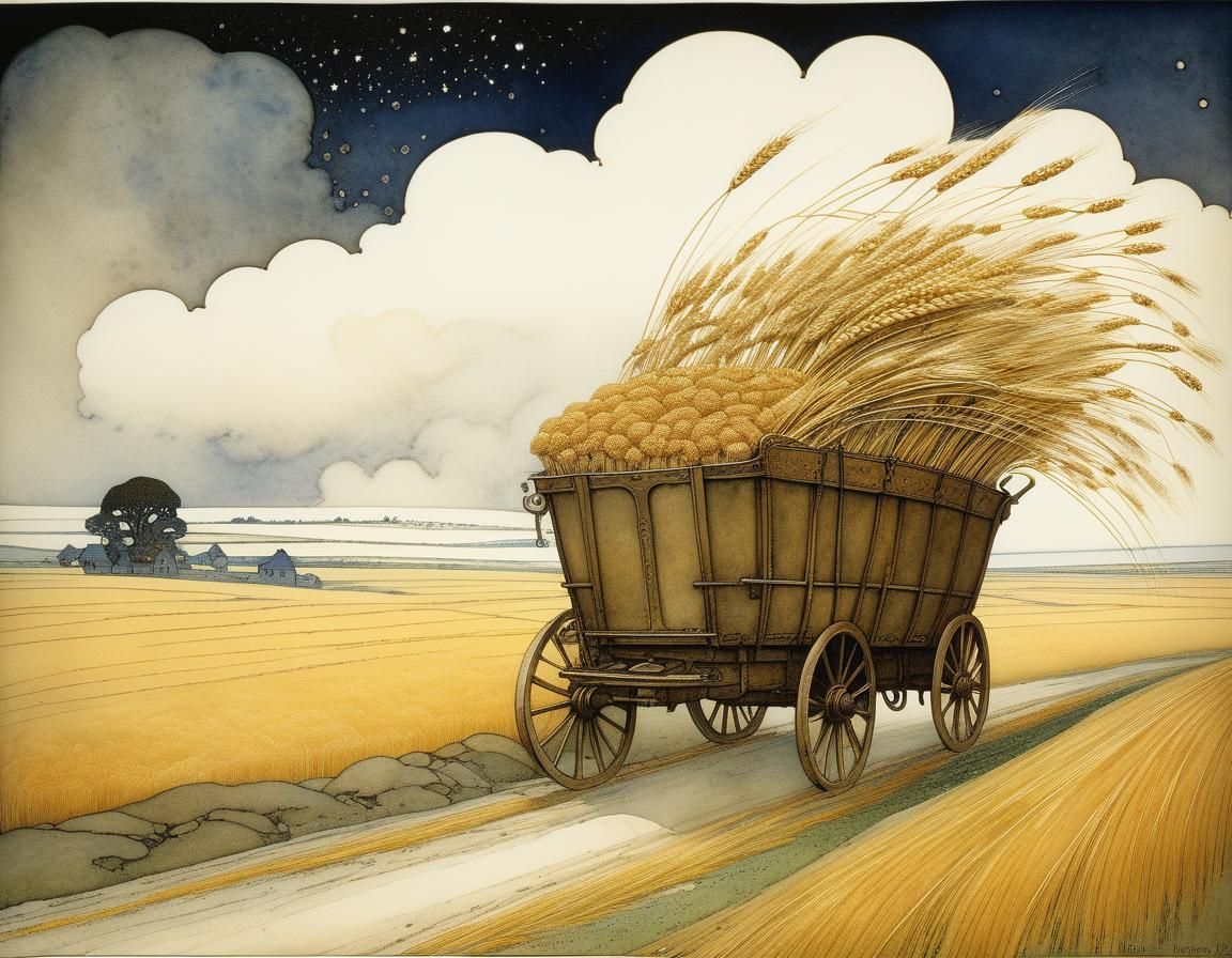 Whimsical Wheat Field with Wagon, Watercolour Illustration