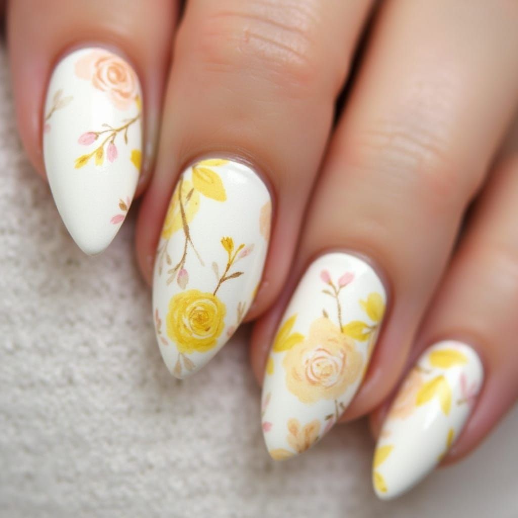 Pastel Lemon Floral Nail Art on Almond Nails