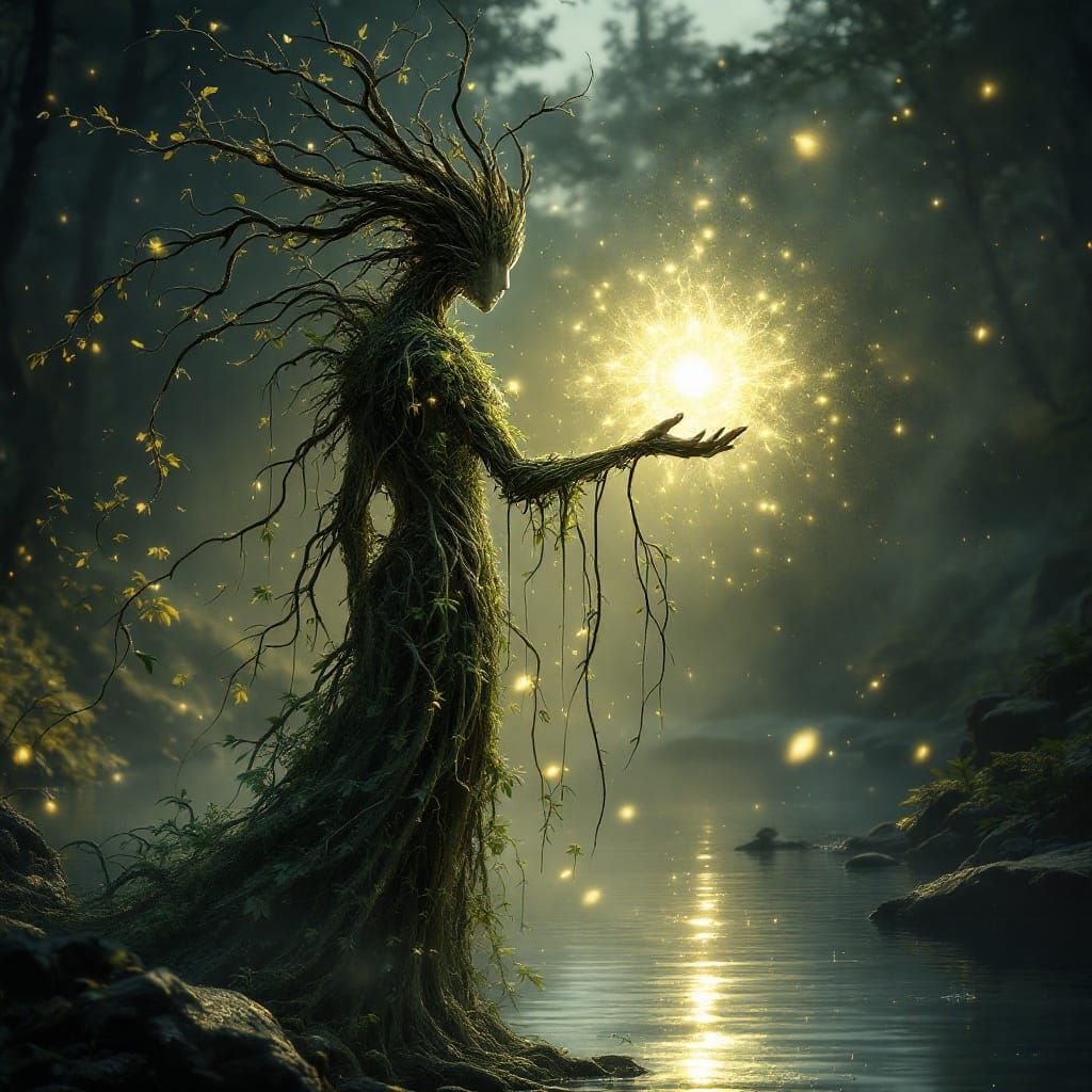 Enigmatic Guardian Unveils Shimmering Portal on Serene River...