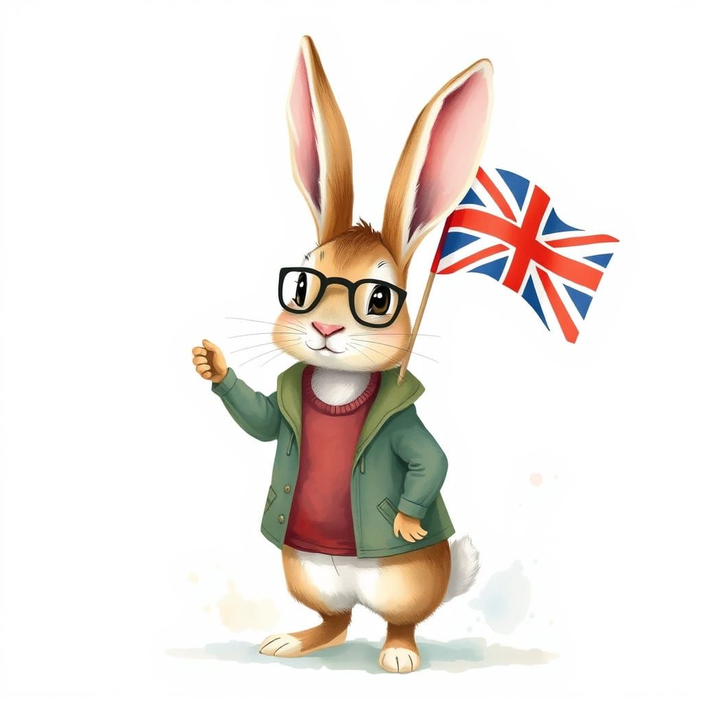 Teenage Rabbit Waves Flag in Storybook Watercolour
