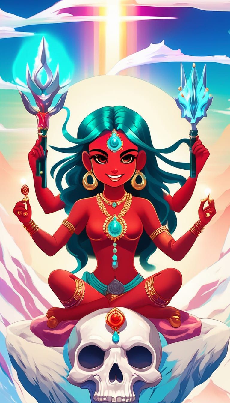 Anime Hindu Goddess with Weapons and Crystal Background