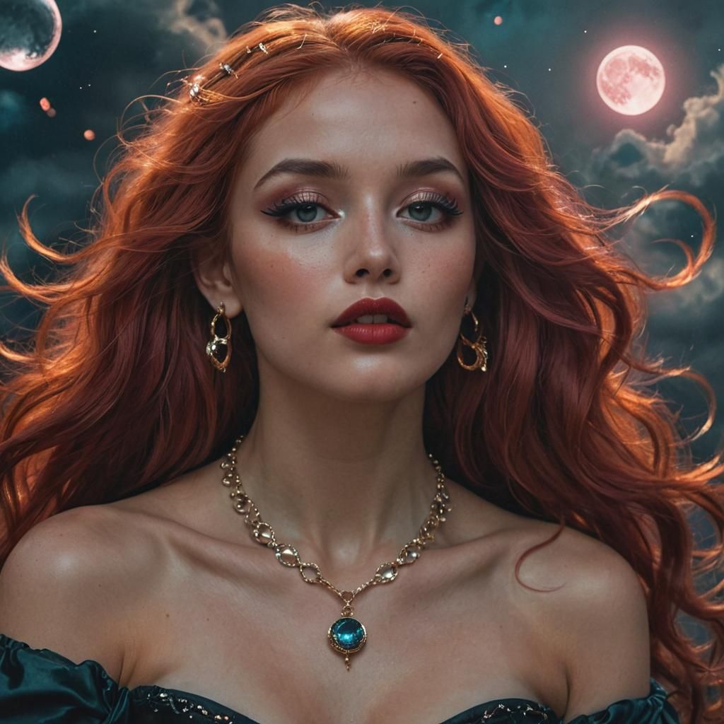 Goddess Portrait with Flowing Red Hair, Fantasy Art