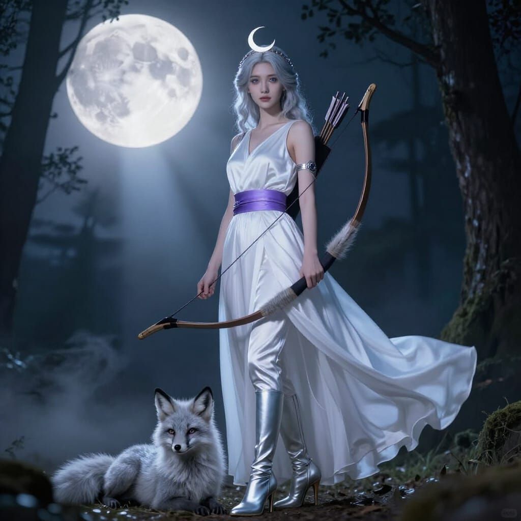 Moon Goddess in Enchanted Forest with Bow