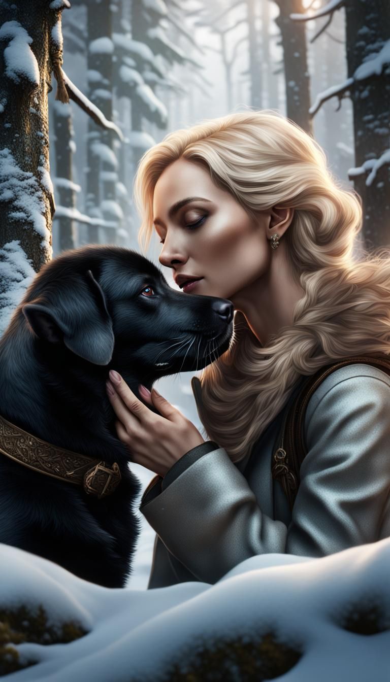 Woman and Puppy Affection in Snowy Forest