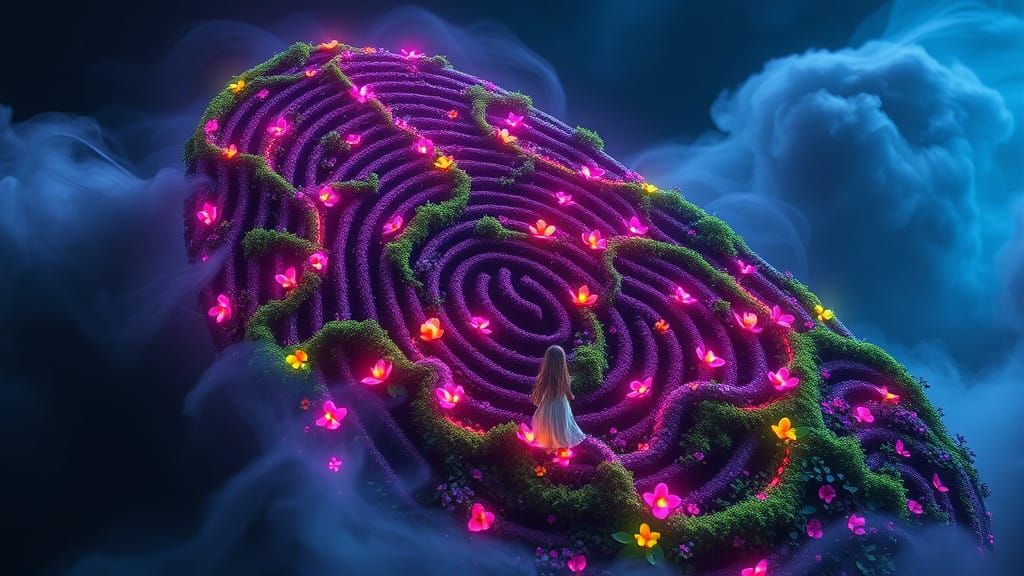 Vibrant Fantasy Maze with Emerald Vines and Neon Flowers