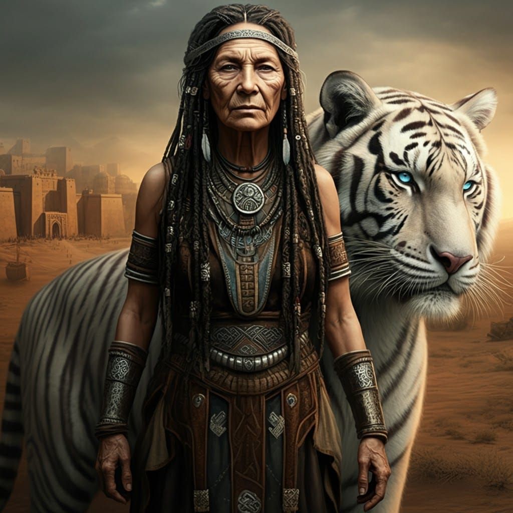 Indigenous Woman and White Tiger in Celtic City