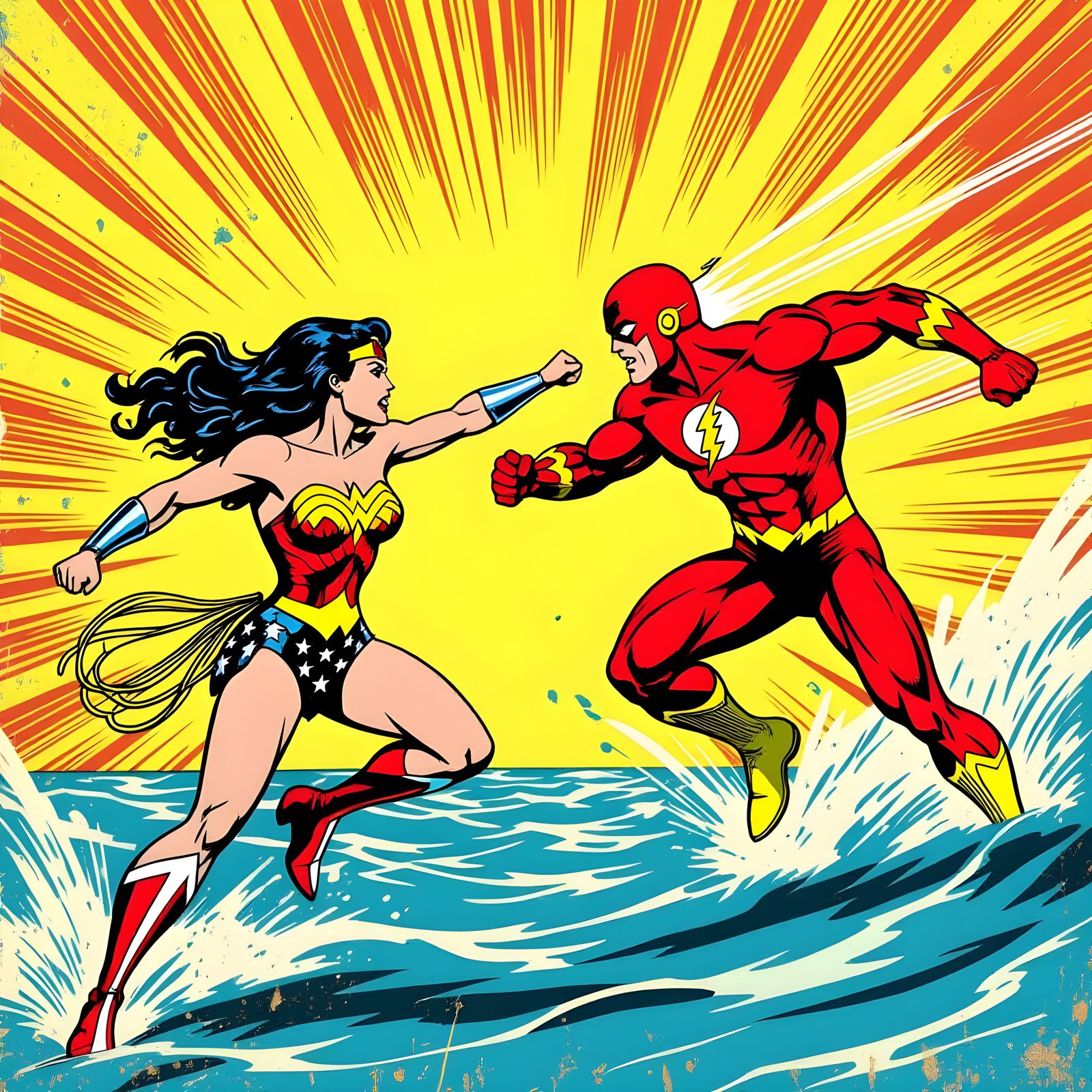 Wonder Woman Fights Flash Over Water in Retro Comic Art Styl...