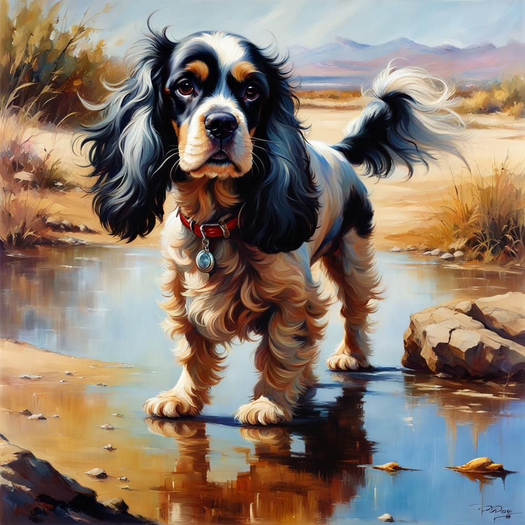 Joyful Cocker Spaniel in Desert Landscape: Fine Art Painting