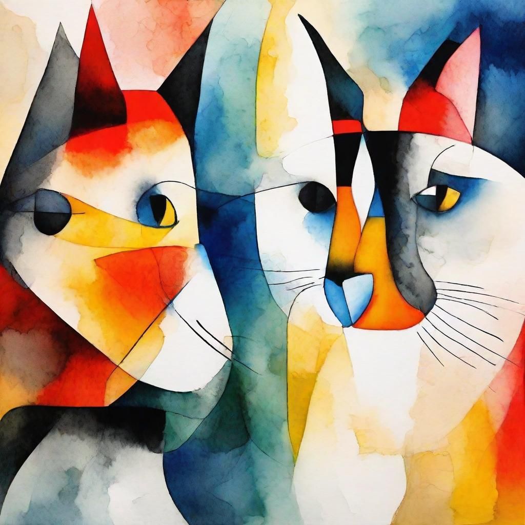 Cubist Cats in Watercolor, Bauhaus Style