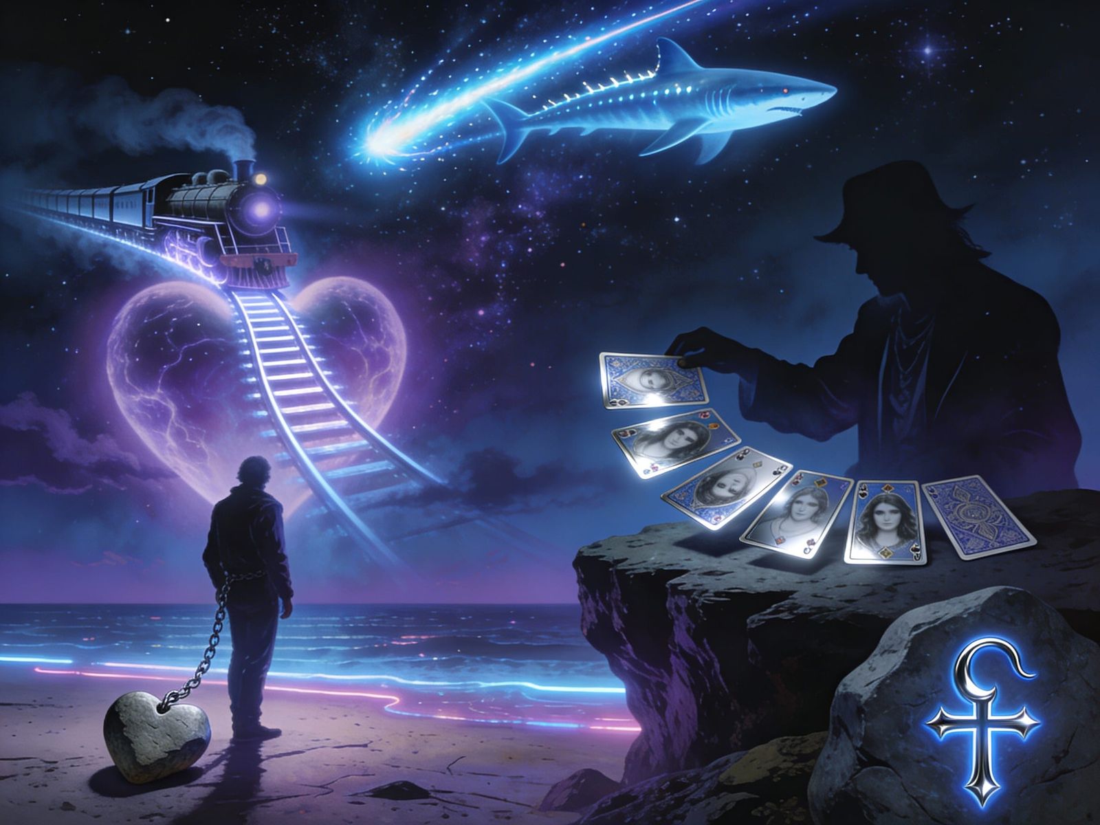 Surreal Cosmic Shark Soars Over Moody Rock-Fantasy Landscape