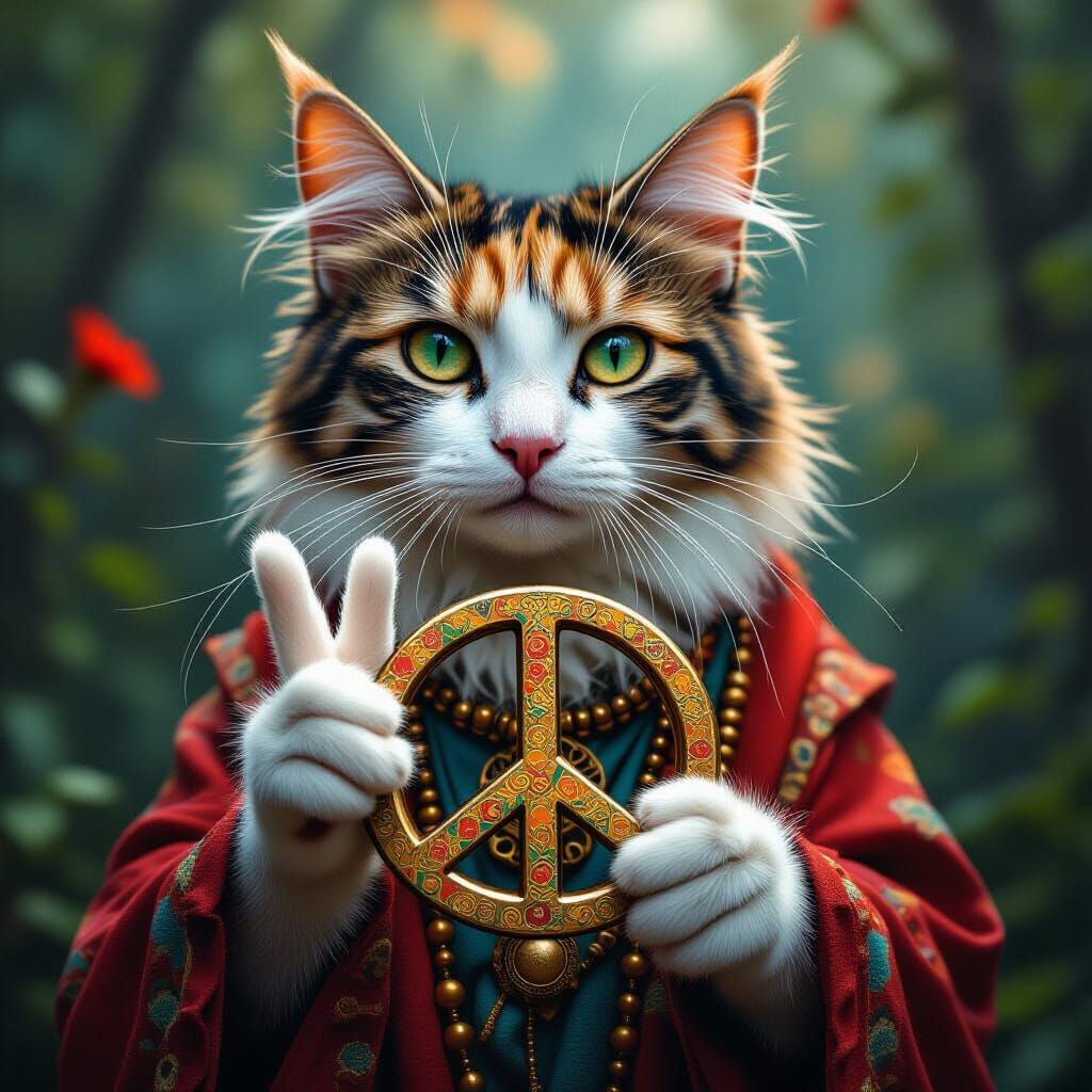Hippie Calico Cat Holding Peace Sign: Digital Matte Painting
