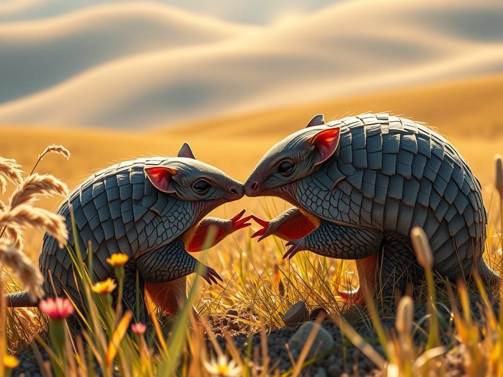 Hyperrealistic Armadillos Couple Amidst Vibrant Pampas Lands...