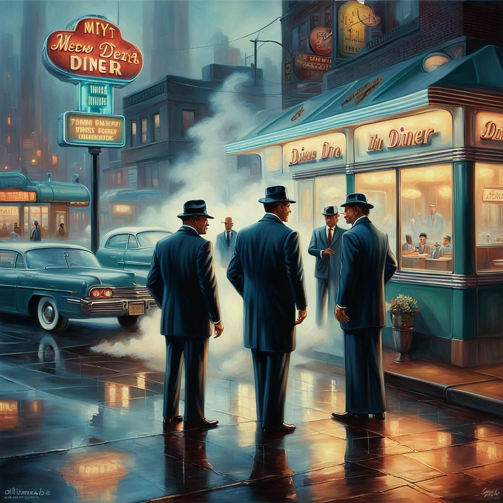 Italian Mobsters Outside Diner in Nostalgic Oil Painting