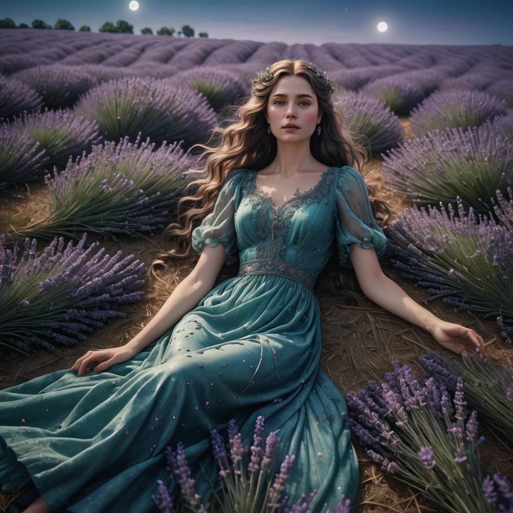 classical woman with teal blue flowing dress lying in a field of lavender in a moonlight sky