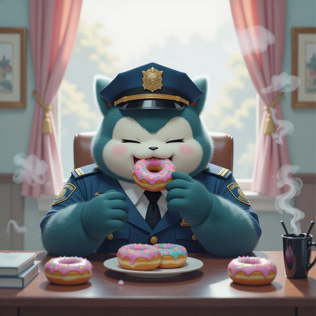 Snorlax as Cop Eating Donuts in Fantasy Style