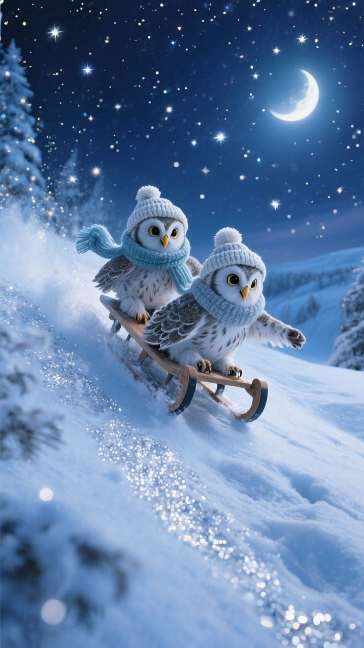 Whimsical Owls Sledding Under Starry Night Sky