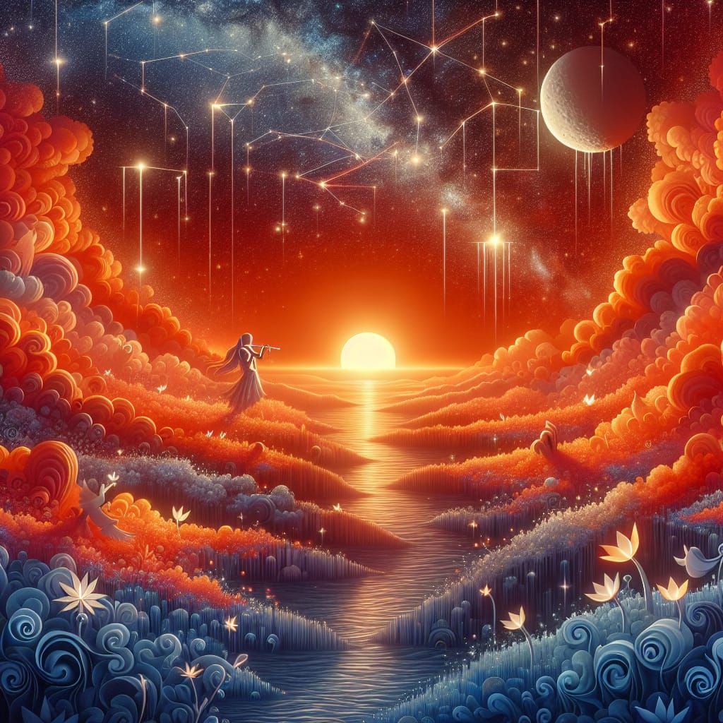Romantic Sunset Scene with Origami Landscape and Starry Nigh...