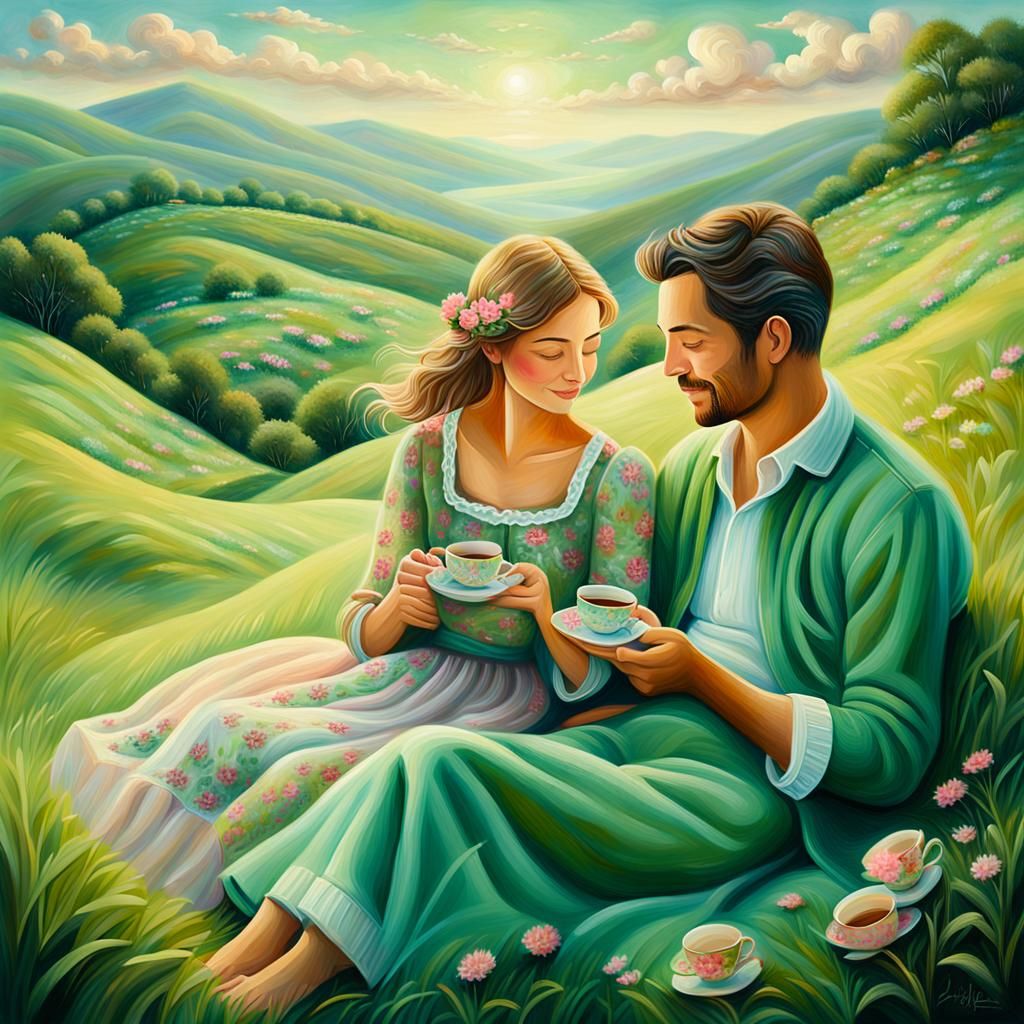 Romantic Couple's Tea Time, Whimsical Oil Painting