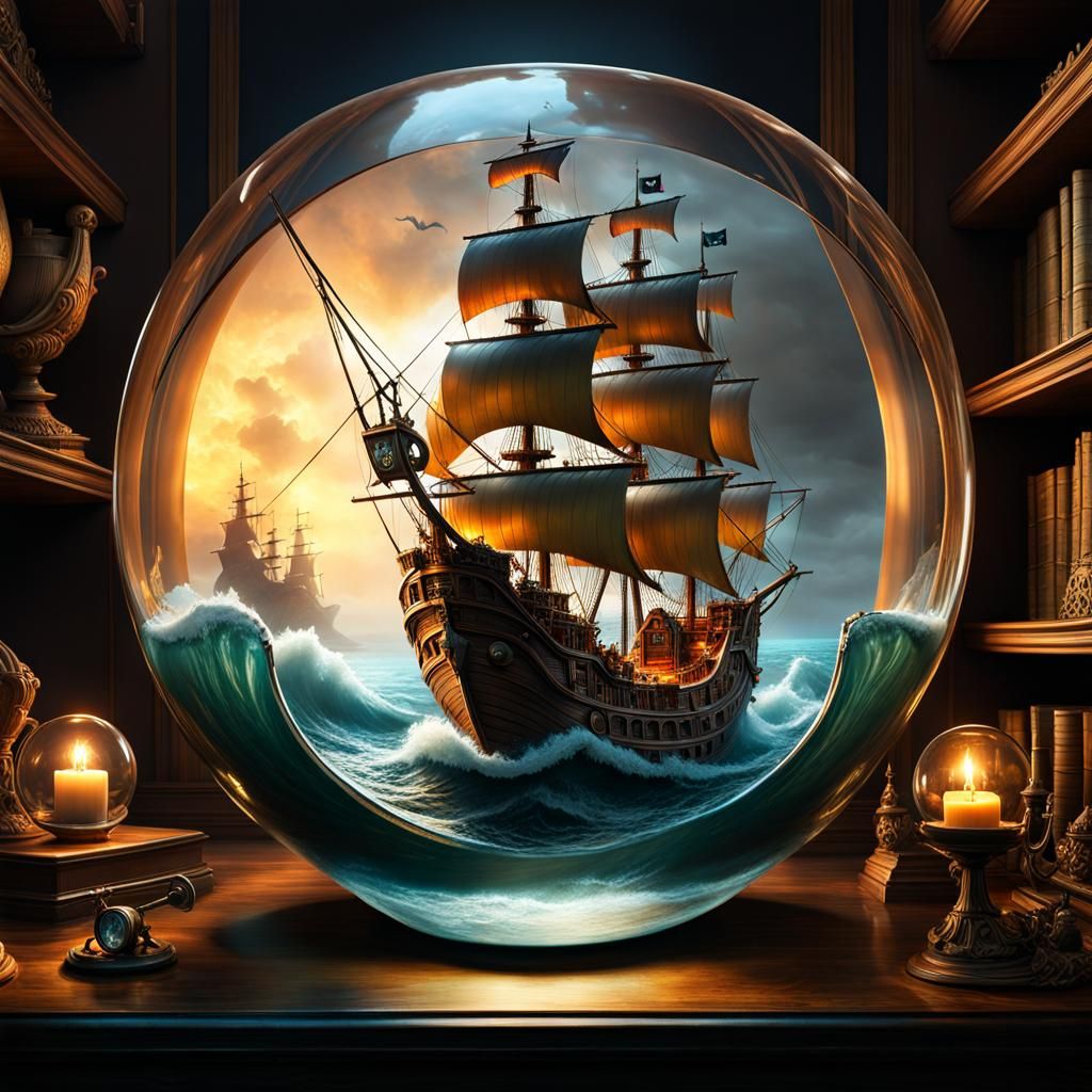 Miniature Pirate Ship in Fishbowl, Surreal Digital Art