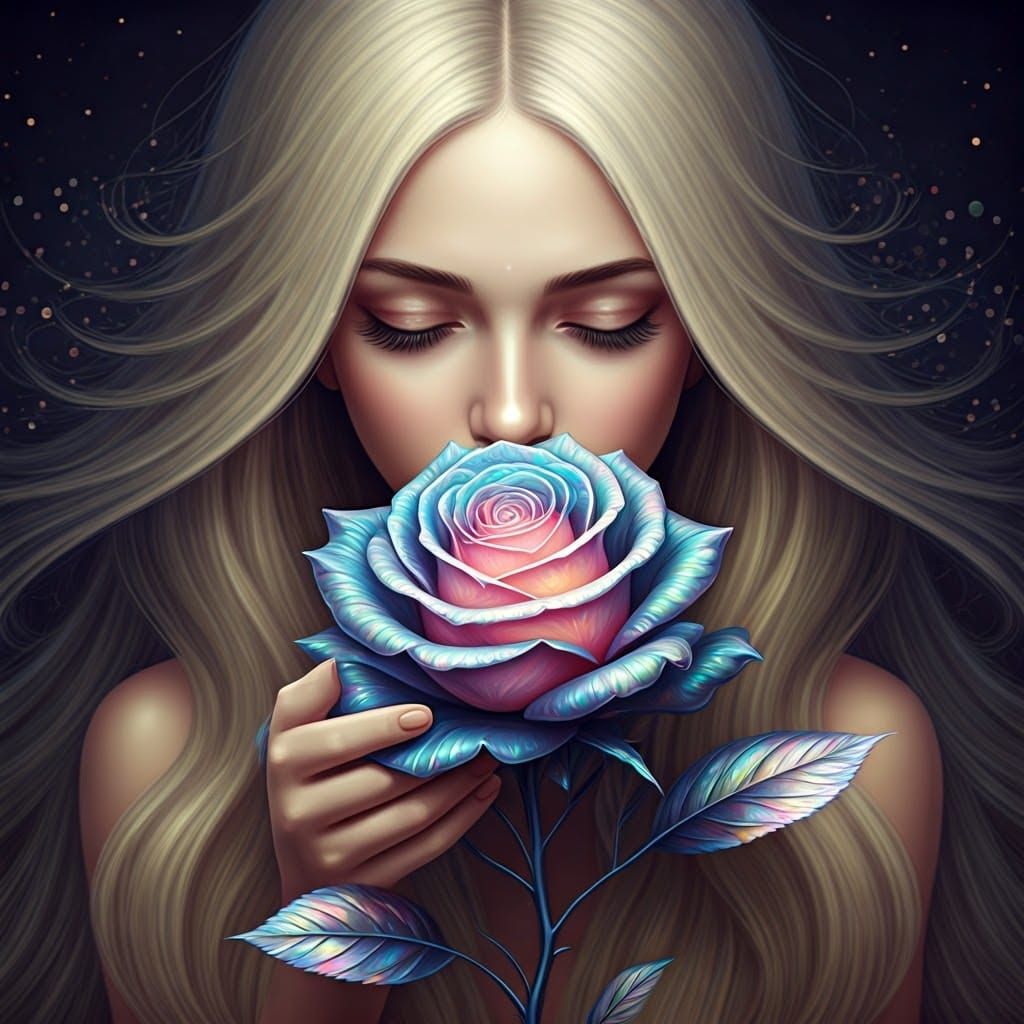 Luminous Woman with Iridescent Rose in Symbolist Style